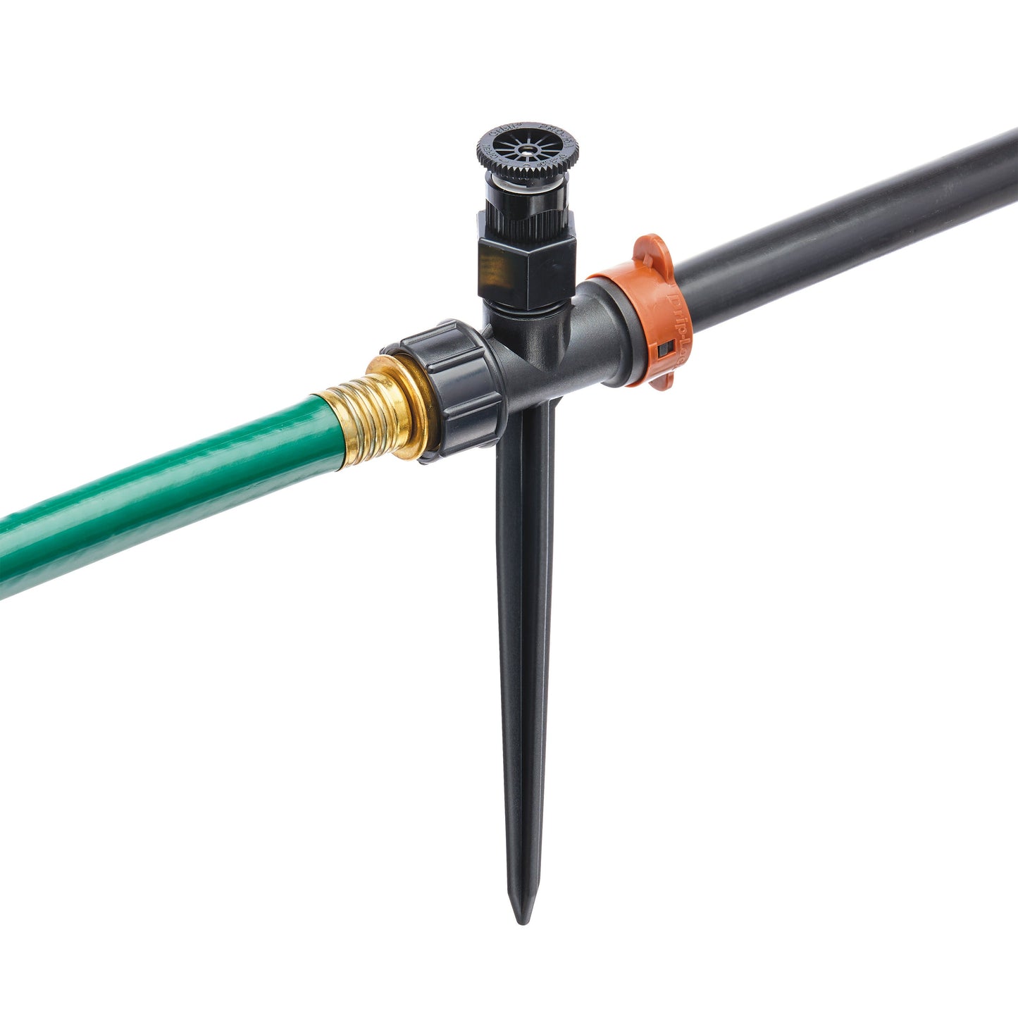 Drip-tube stake Orbit Irrigation, black plastic body with orange collar and green tubing on Tampa Home & Garden Store
