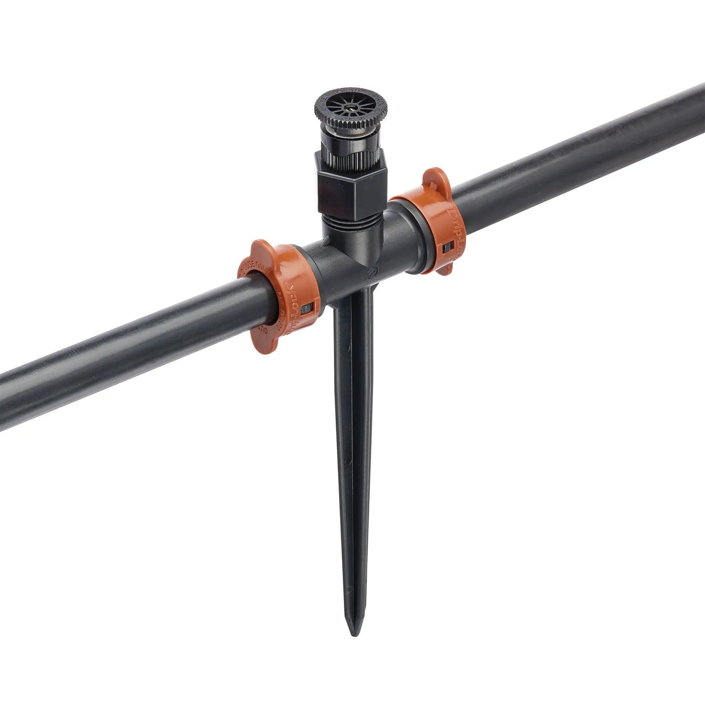 Drip-Lock inline stake 8in 1/2 in MPT to 1/2 Drip-Lock on black irrigation line on Tampa Home & Garden Store