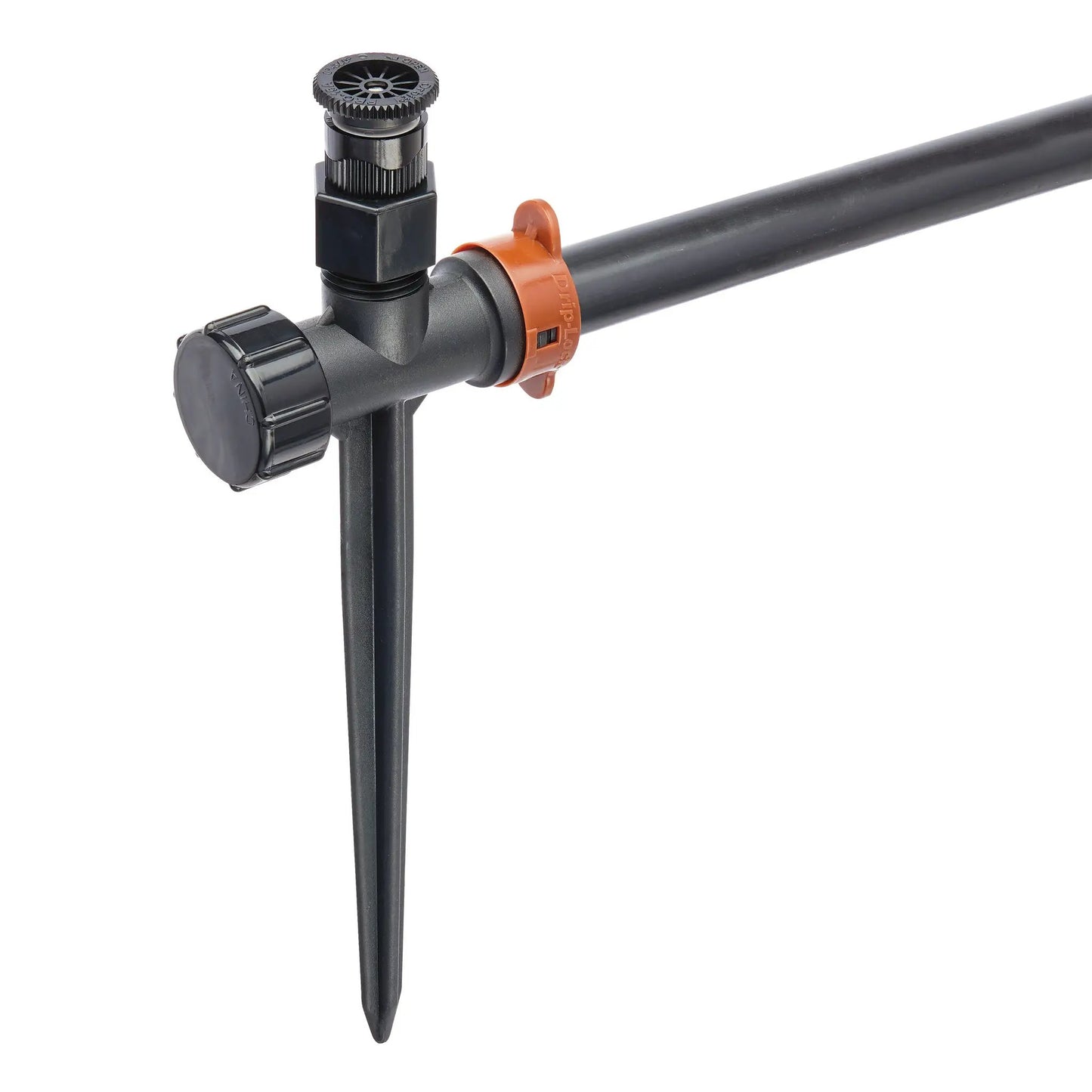 Half MPT to Half Drip-Lock 8in stake end cap on black tubing Orbit Irrigation on Tampa Home & Garden Store