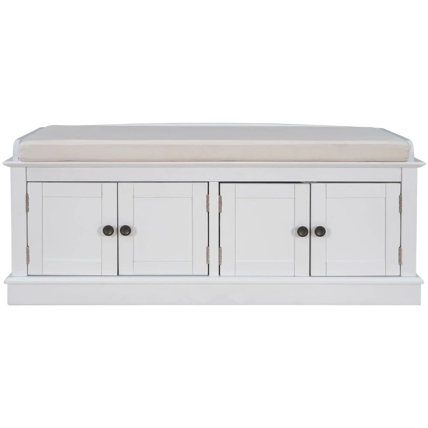 TREXM white shoe storage bench with beige cushioned top and four doors on Tampa Home & Garden Store