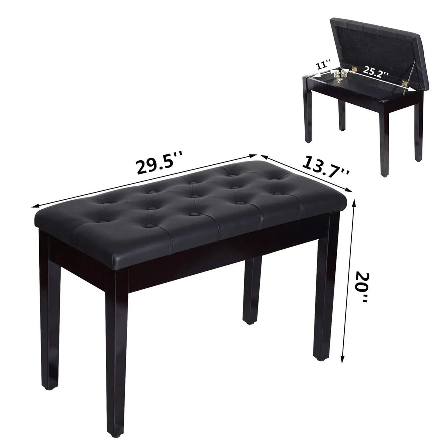 Piano bench with padded tufted cushion and built-in music storage in black wood on Tampa Home & Garden Store