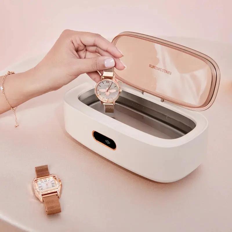 Ultrasonic Cleaner 45KHz for Jewelry Watches white with rose-gold trim; two watches on Tampa Home & Garden Store