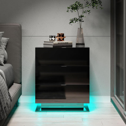 Nightstand with 3 Storage Drawers,Led Lights, End Table for Bedroom Furniture