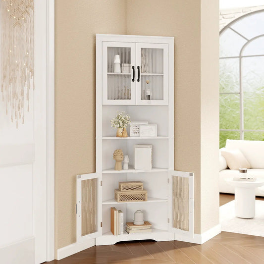67 Inch Tall Triangular Corner Buffet Cabinet in white with ribbed glass doors and shelves on Tampa Home & Garden Store