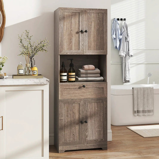 Tall modern freestanding storage cabinet in weathered woodgrain with 2 doors and a drawer on Tampa Home & Garden Store