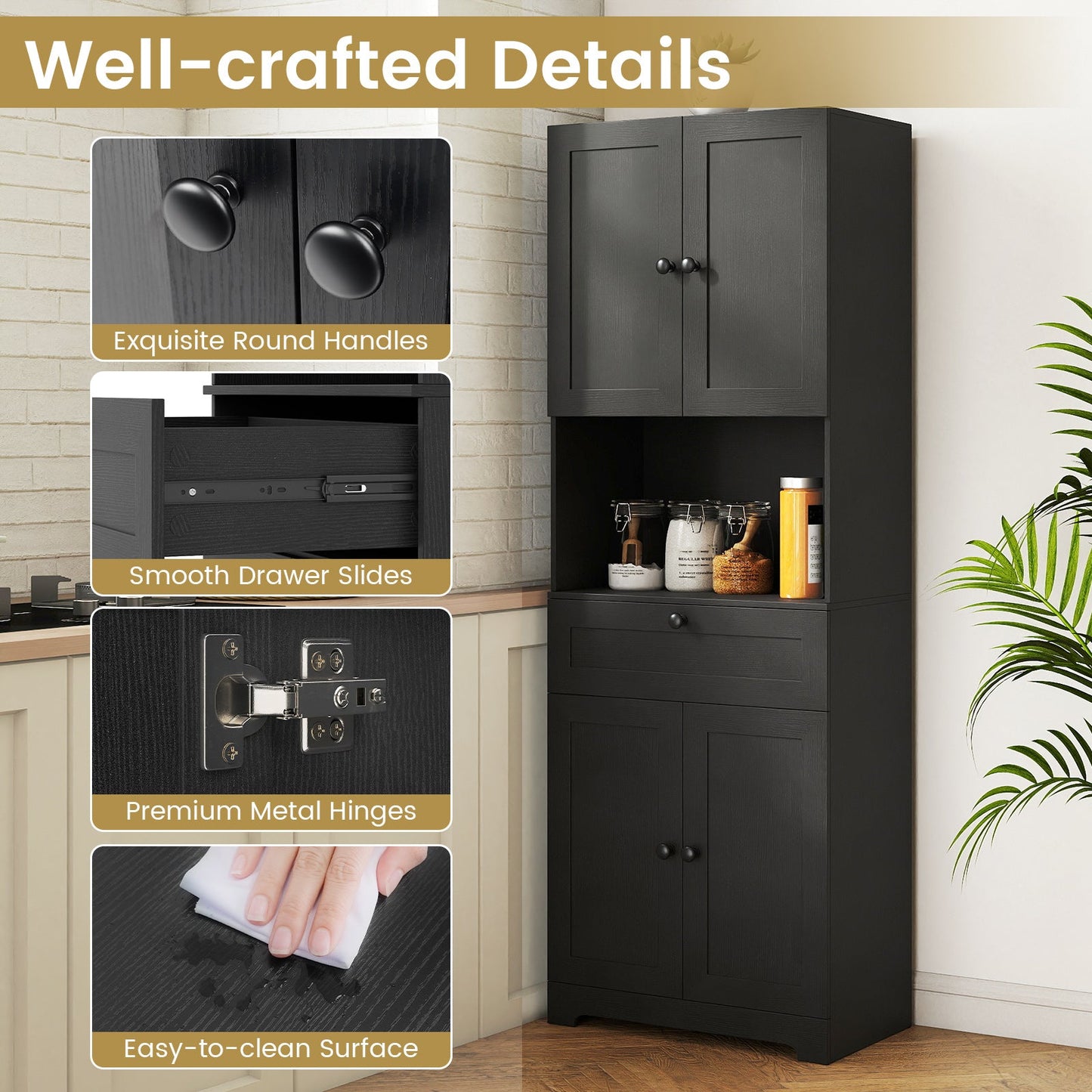 Tall Modern Freestanding Floor Storage Cabinet in black wood grain with dual top doors on Tampa Home & Garden Store