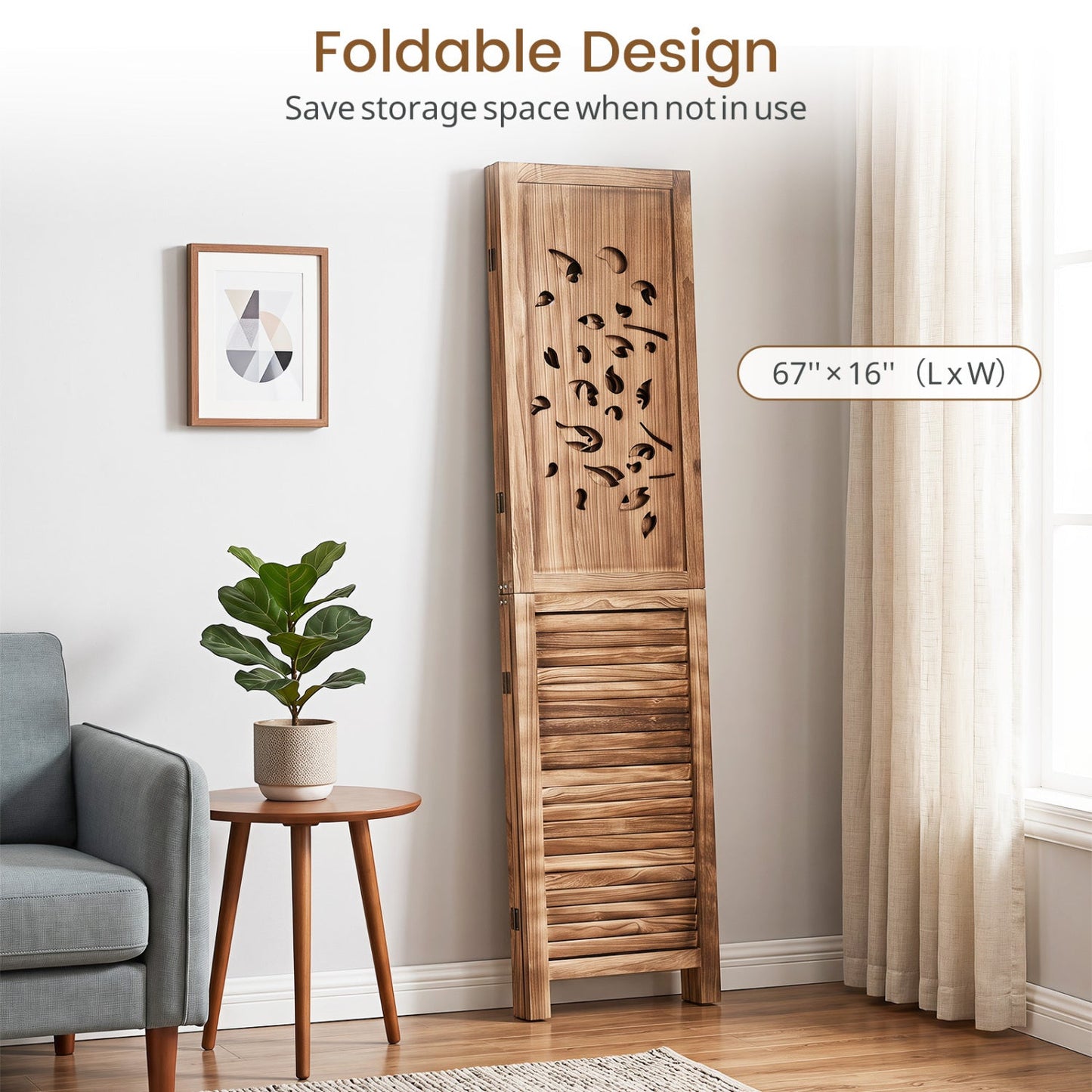 3-panel folding room divider DirectDeals, 67x16 inches, wood with tree cutout design on Tampa Home & Garden Store