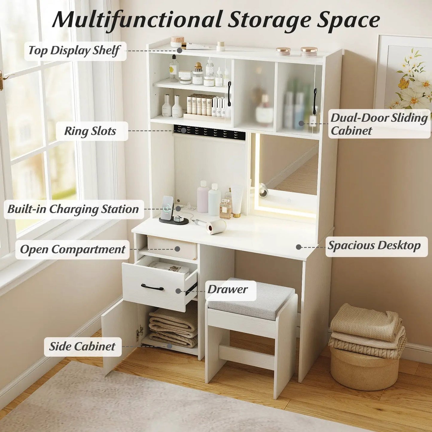 Vanity set with mirror and built-in charging station by DirectDeals, white finish, cabinet on Tampa Home & Garden Store