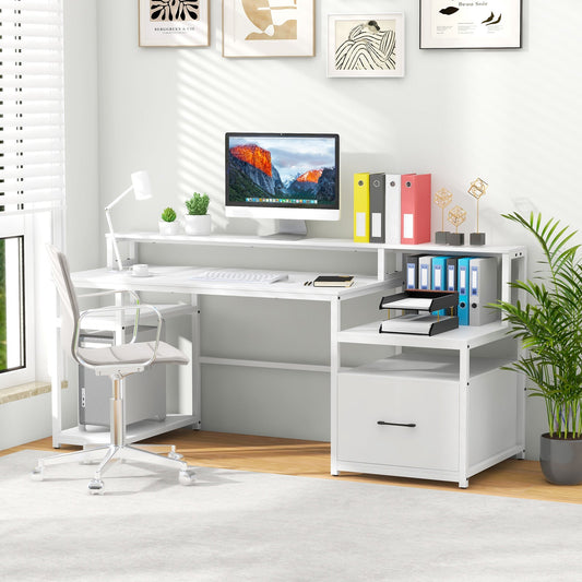 67 Inch Computer Desk with Monitor Stand & File Drawer-White - Tampa Home & Garden Store