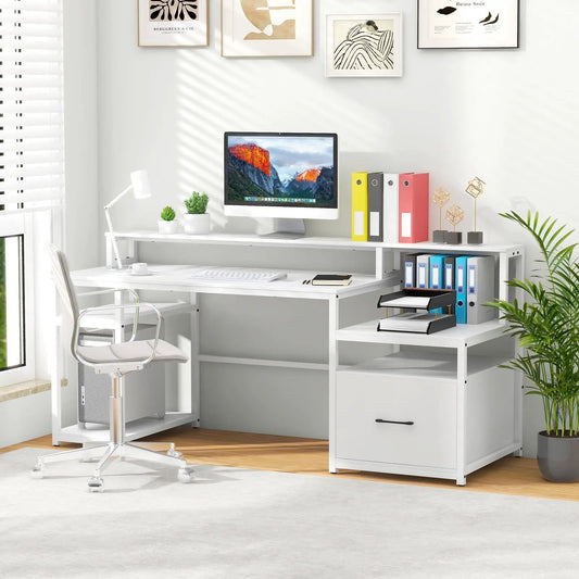 67 Inch Computer Desk with Monitor Stand and File Drawer white on Tampa Home & Garden Store