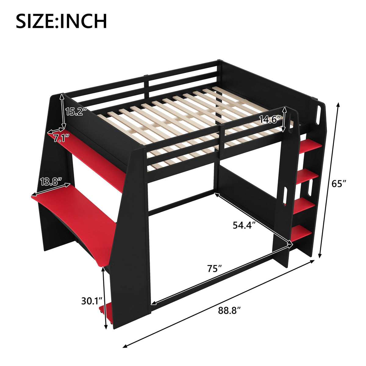 Full-size wooden gaming bunk bed with desk and LED light in black and red on Tampa Home & Garden Store