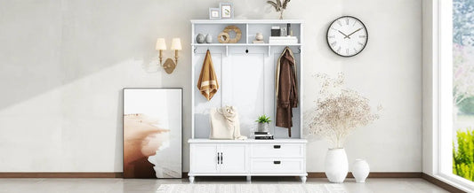 On Trend hall tree with cabinet and drawers; white finish and open coat area on Tampa Home & Garden Store
