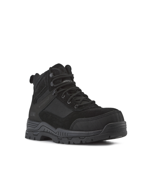 Kiwi Trek black suede nylon steel toe boots with lace-up front and rugged lug sole on Tampa Home & Garden Store