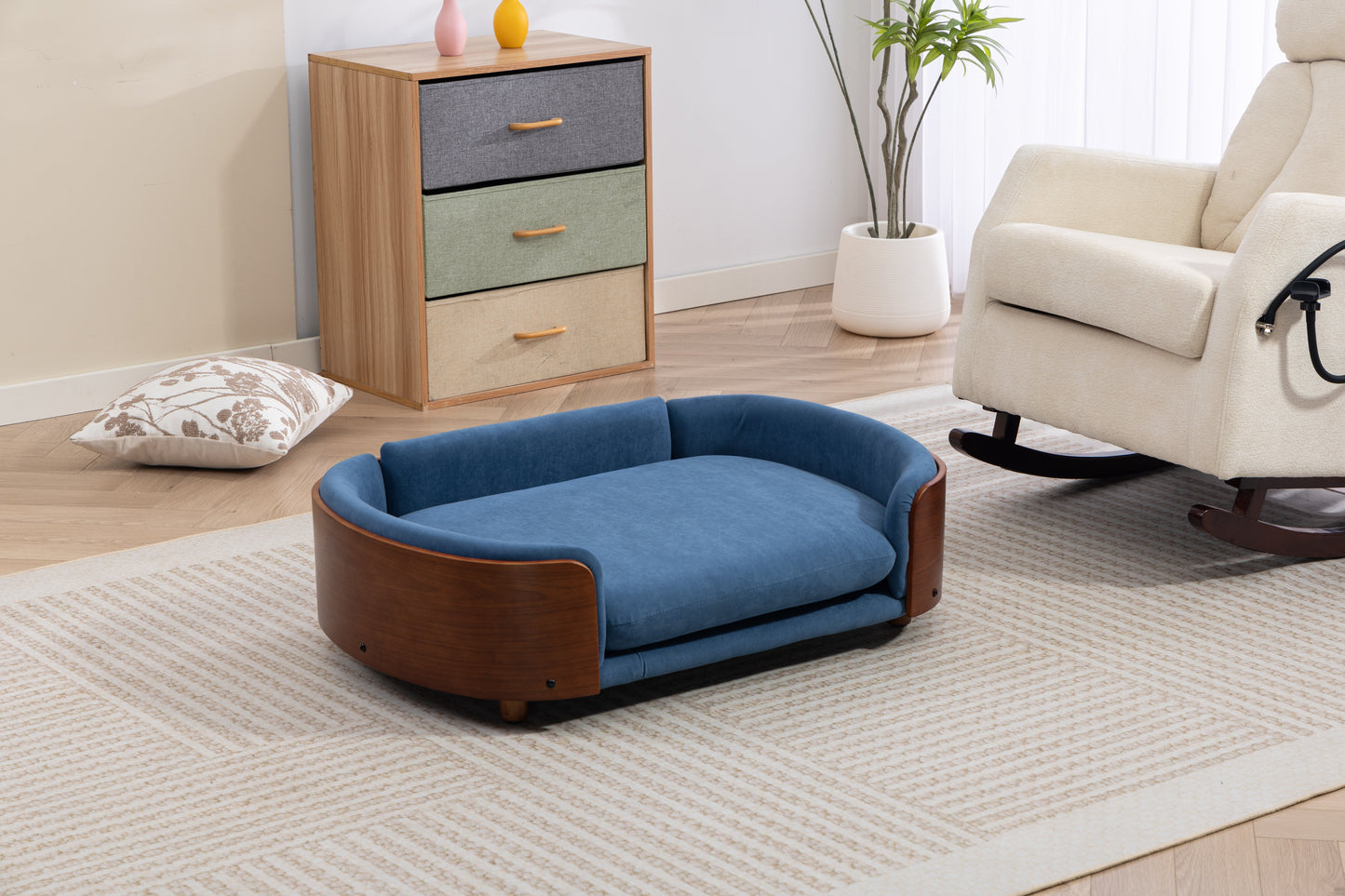 Scandinavian style elevated dog bed with solid wood legs in blue for pets on Tampa Home & Garden Store