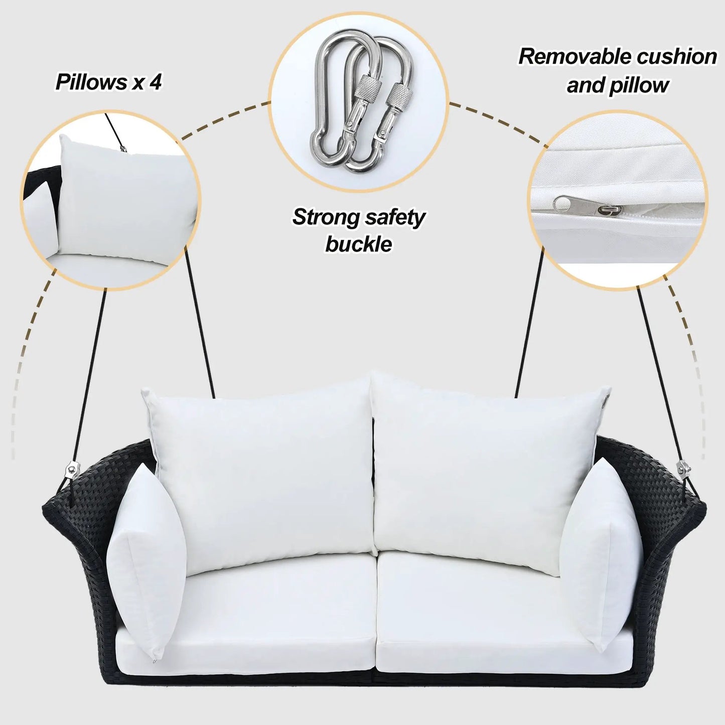 Go Two Person Hanging Seat and Rattan Swing Chair with white cushions and removable pillows on Tampa Home & Garden Store