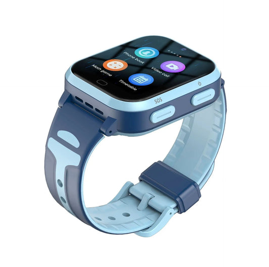 4G Kids Smart Watch with blue strap, SOS button, GPS and video call app icons on screen on Tampa Home & Garden Store