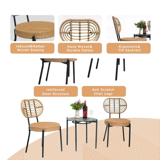 Outdoor wicker 3 piece patio bistro set with two tan rattan chairs and table, black legs on Tampa Home & Garden Store