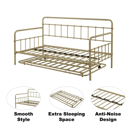 Metal frame daybed with trundle in bronze, curved headboard and vertical spindles on Tampa Home & Garden Store