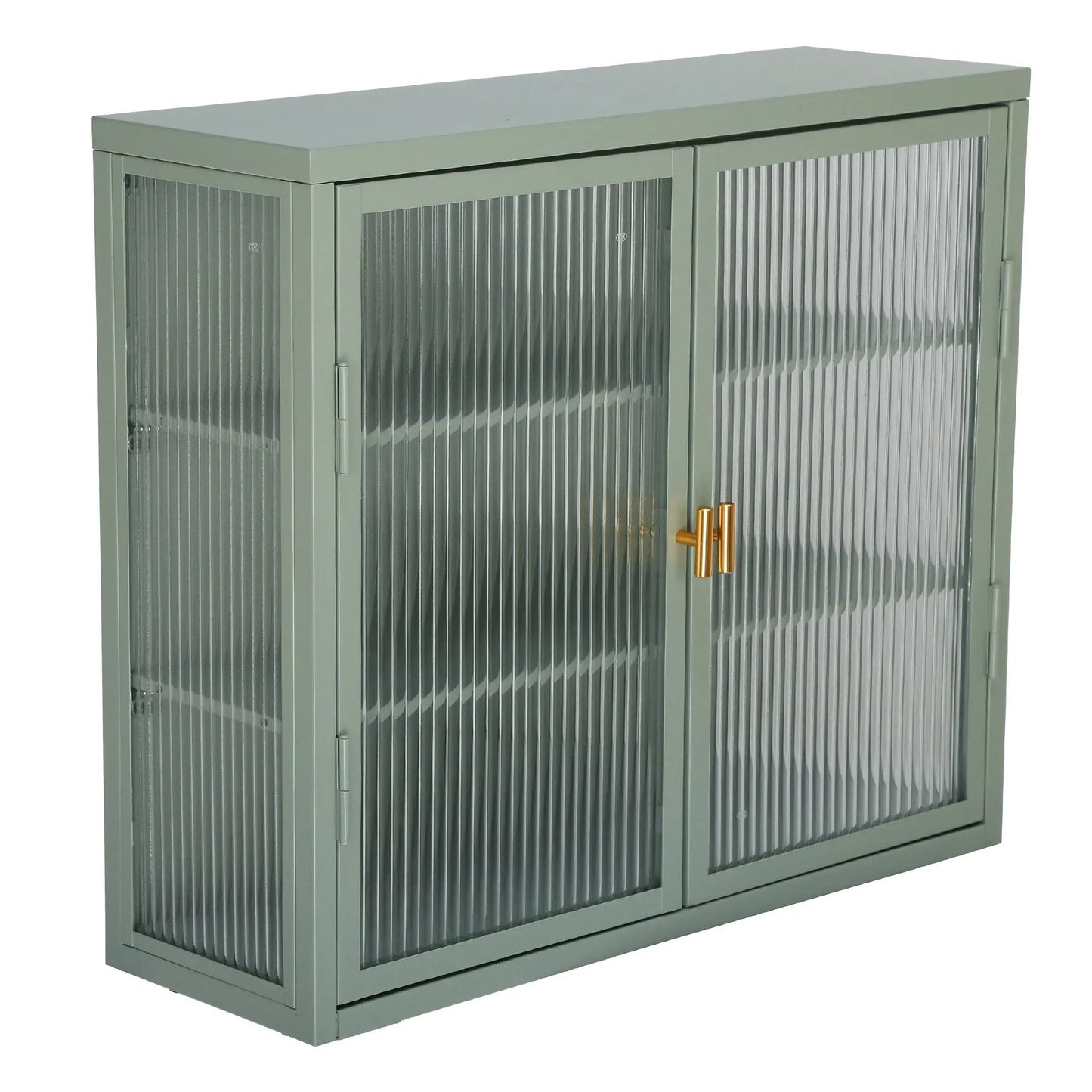 Retro style haze double glass door wall cabinet in sage green with ribbed glass panels and gold handles on Tampa Home & Garden Store