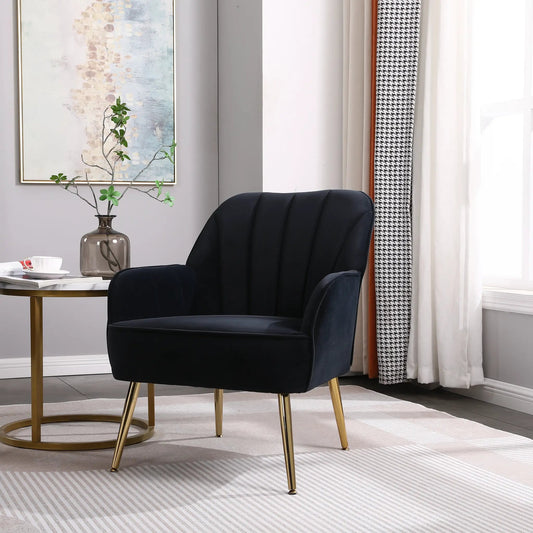 Modern Mid Century Velvet Sherpa Armchair Navy with gold legs beside a glass-top round table on Tampa Home & Garden Store