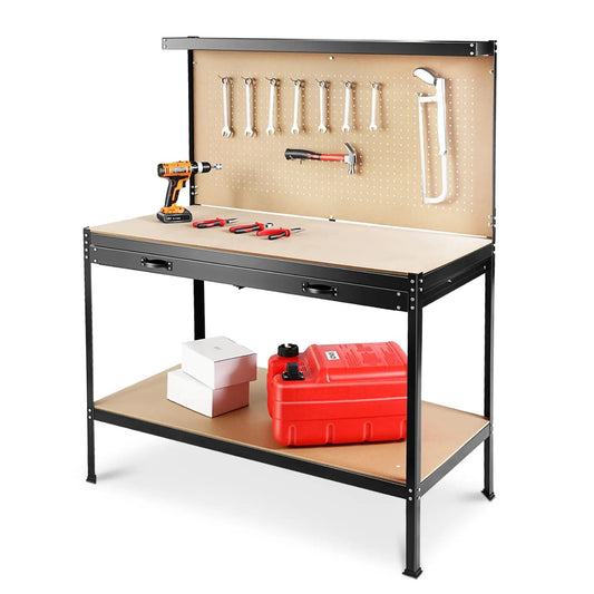 63 Inch Tools Cabinet Workbench with Pegboard, black metal frame and beige pegboard with tools on Tampa Home & Garden Store