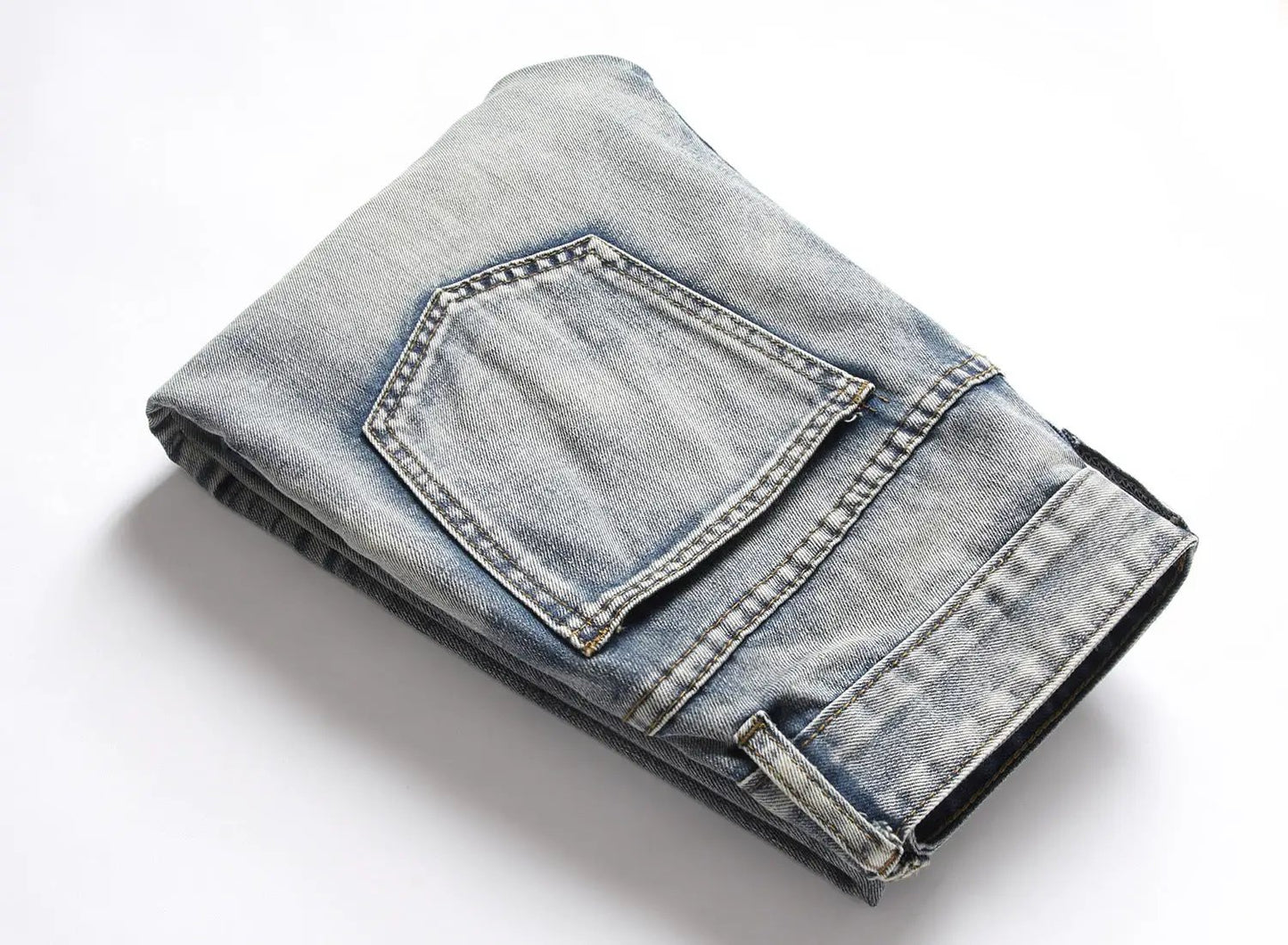 Men's light-wash European And American Nostalgic jeans, folded denim with back pocket on Tampa Home & Garden Store