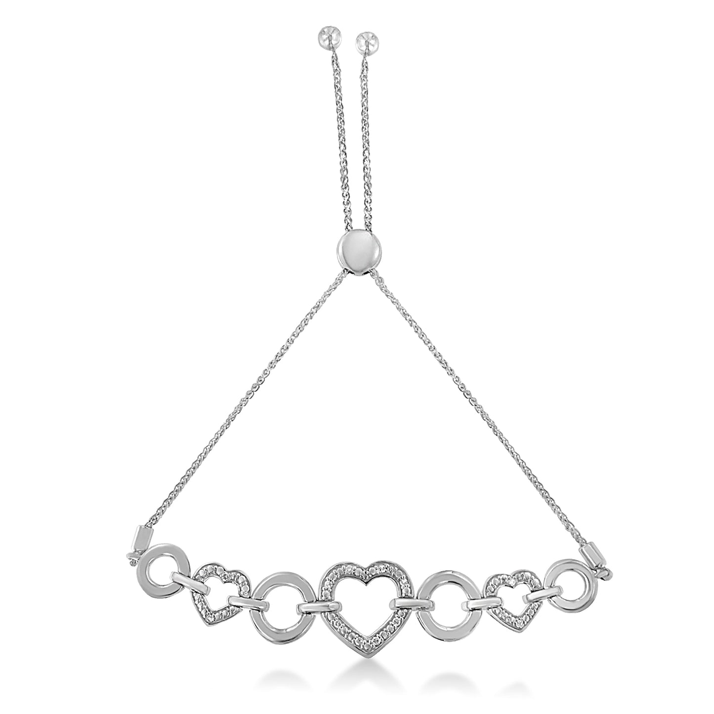 Bracelet interlocking triple heart .925 sterling silver, diamond accents, adjustable bolo 4-10in on Tampa Home & Garden Store