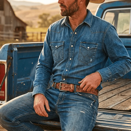 Morning Glory Hand-Tooled Western Jean Belt by Will Leather Goods, brown tooled leather on Tampa Home & Garden Store