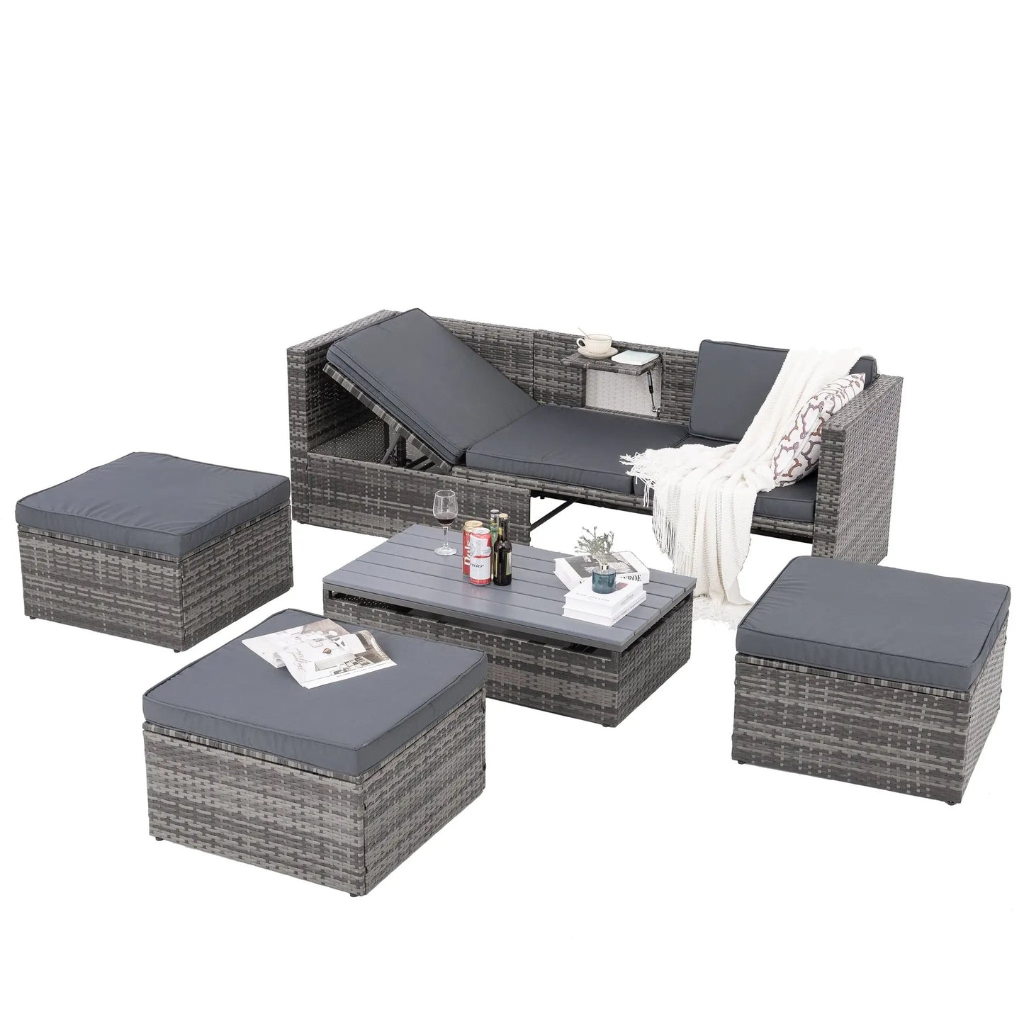 Muebles de patio, muebles de exterior, muebles de mimbre PE de temporada, juego de 5 muebles de mimbre con mesa de centro de madera contrachapada
