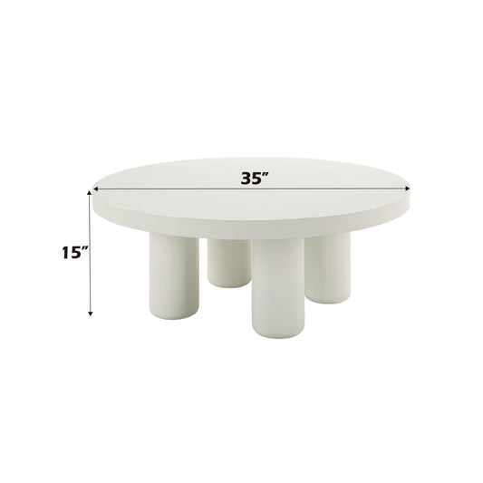 Loanna White Coffee Table, round white table with four chunky cylindrical legs, 35 in diameter on Tampa Home & Garden Store