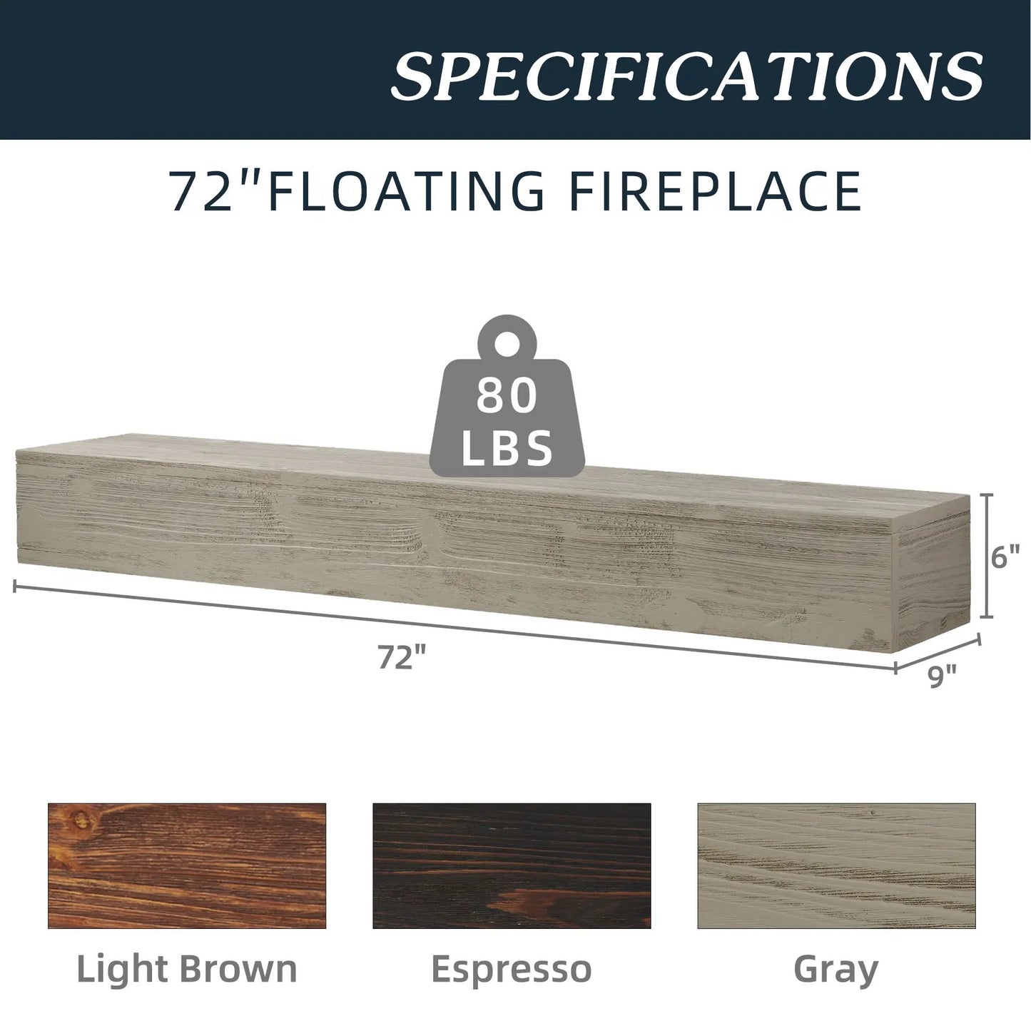 Repisa rústica de madera de 72" para chimenea, montada en la pared y flotante para decoración del hogar