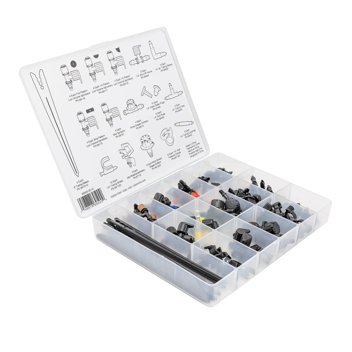 92-piece Orbit Irrigation drip irrigation kit with assorted fittings in clear organizer on Tampa Home & Garden Store