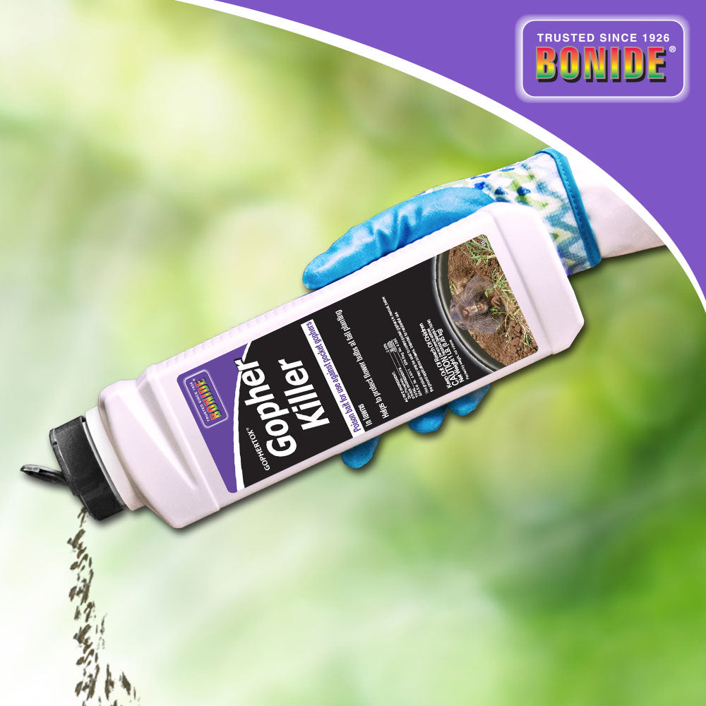 Bonide Gopher Killer liquid pesticide bottle, white plastic with black label Bonide on Tampa Home & Garden Store