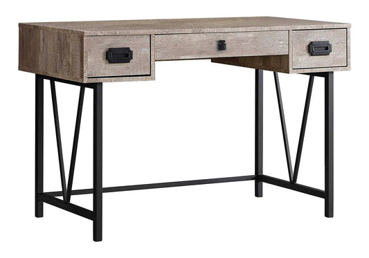 Writing desk with rustic wood finish two side drawers and a center drawer black metal legs on Tampa Home & Garden Store
