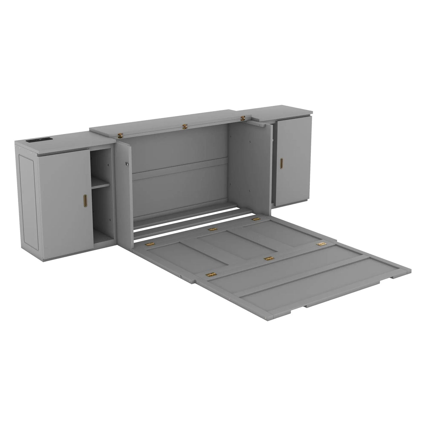 Full-size gray Murphy bed with built-in shelves and USB ports, side cabinets open with slats on Tampa Home & Garden Store