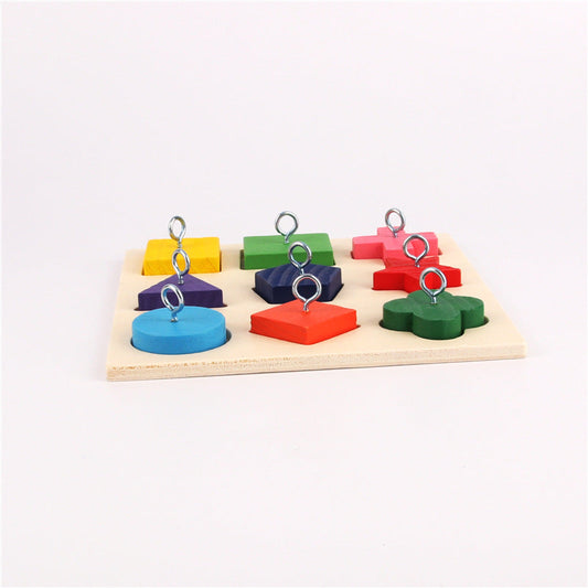 Parrot Training Toy 9 Color Wooden Blocks with metal rings on a wooden puzzle board on Tampa Home & Garden Store