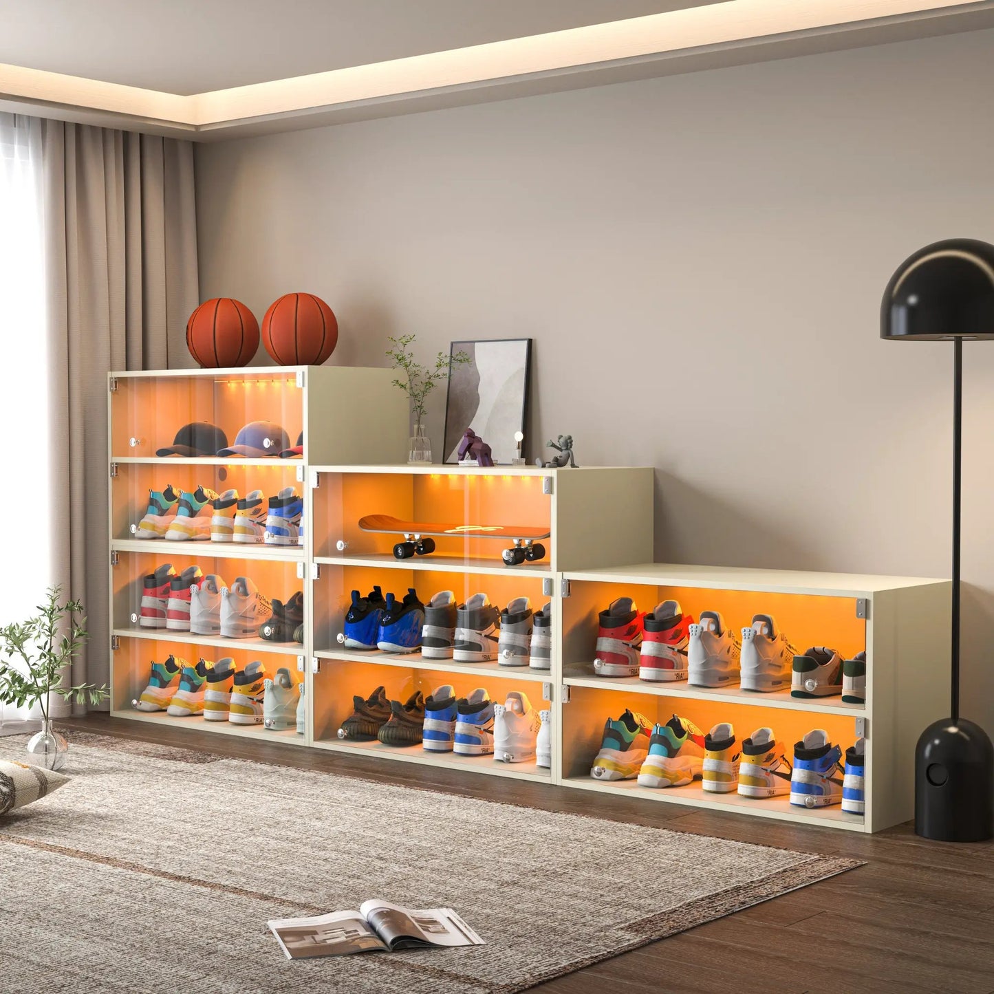 Off White Glass Door Shoe Box With RGB Light, showcases sneakers inside with orange glow on Tampa Home & Garden Store