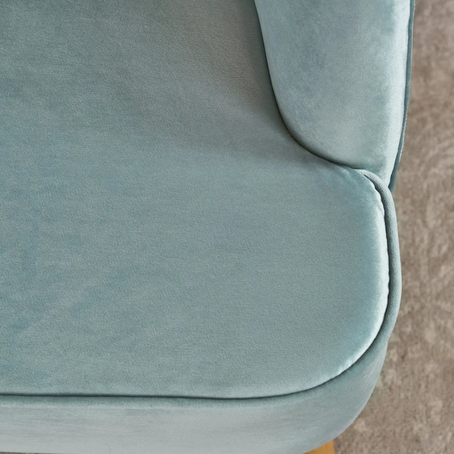 Mid Century Velvet Blue Chair close-up of blue velvet upholstery with seam on Tampa Home & Garden Store