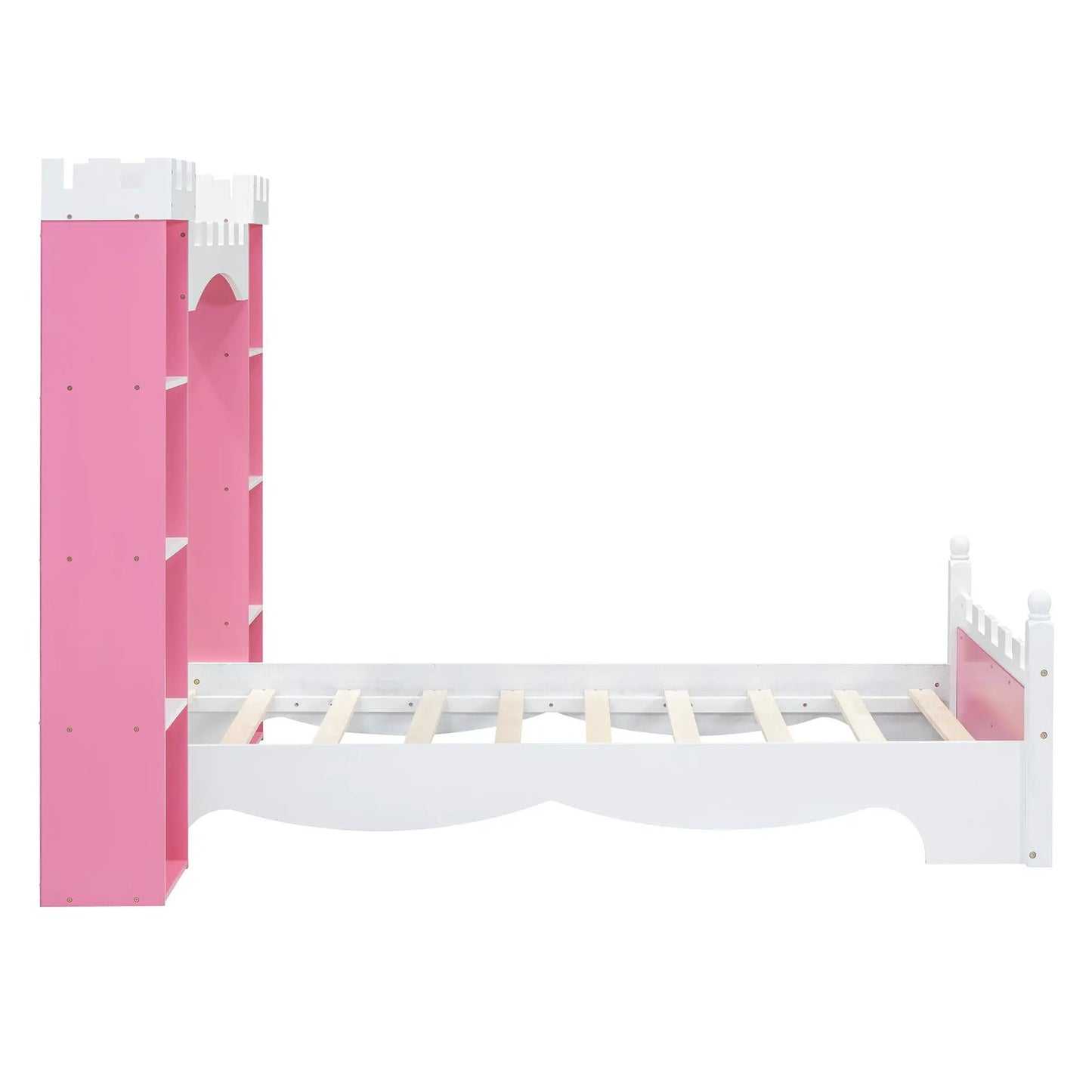 Castle-Shaped Pink Wooden Bed with White Battlements and Storage Shelves on Tampa Home & Garden Store