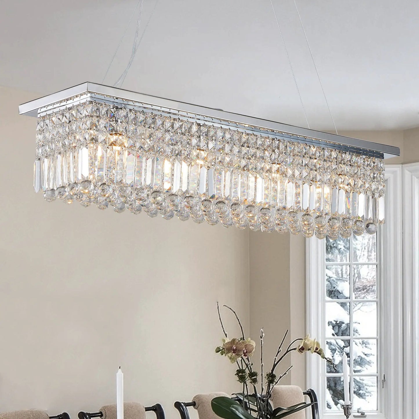 Lámpara de araña de cristal moderna para comedor, 8 luces, rectangular, efecto lluvia, blanca, 100 cm de largo x 25 cm de ancho x 22 cm de alto (bombilla no incluida)