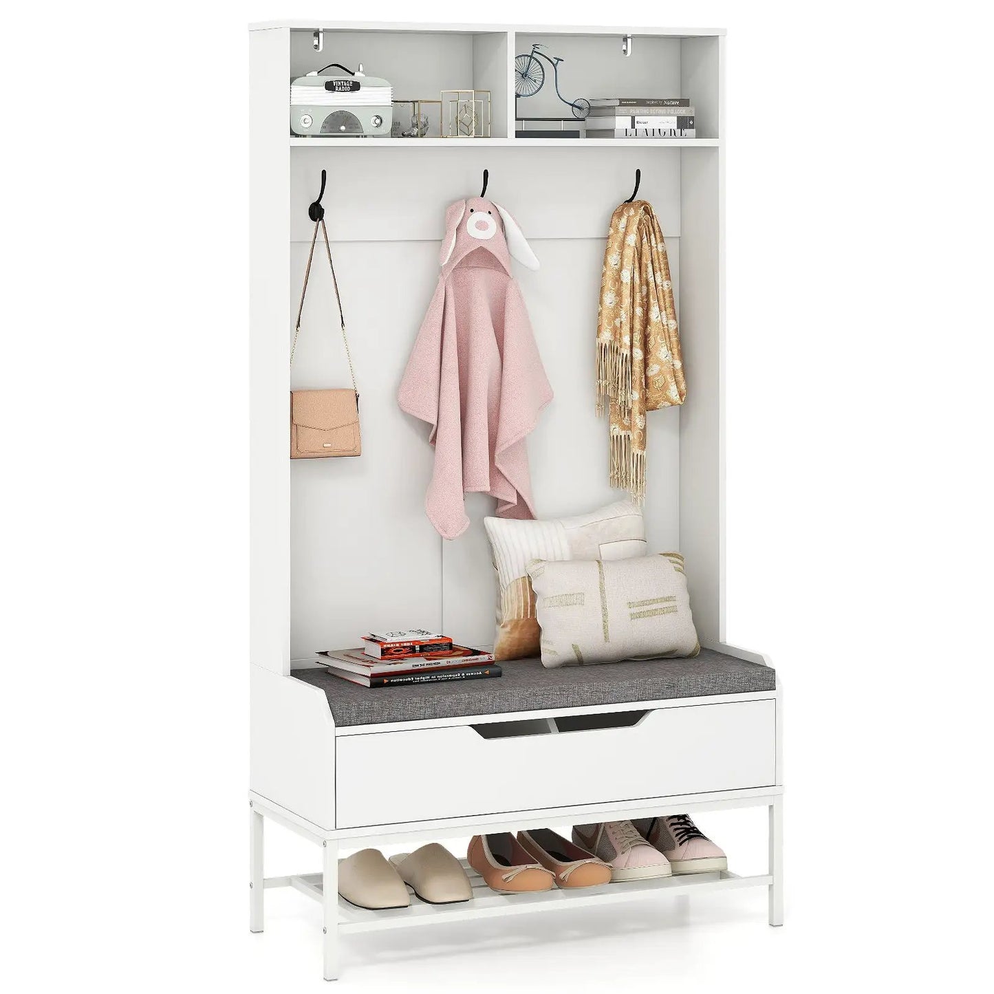 69 Inches Tall Hall Tree 4-in-1 Coat Rack with Seat Cushion and Shoe Storage-Rustic Brown - Tampa Home & Garden Store