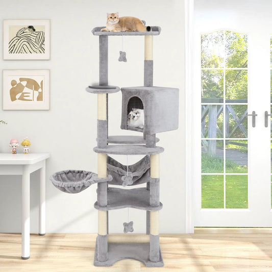69 Inch multi-level cat tree DirectDeals with cozy gray condo and top perch, posts, 2 cats on Tampa Home & Garden Store