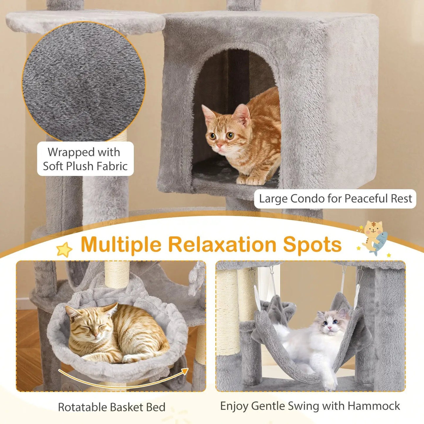 69 Inch gray plush cat tree with cozy condo, top perch, basket bed and hanging hammock on Tampa Home & Garden Store