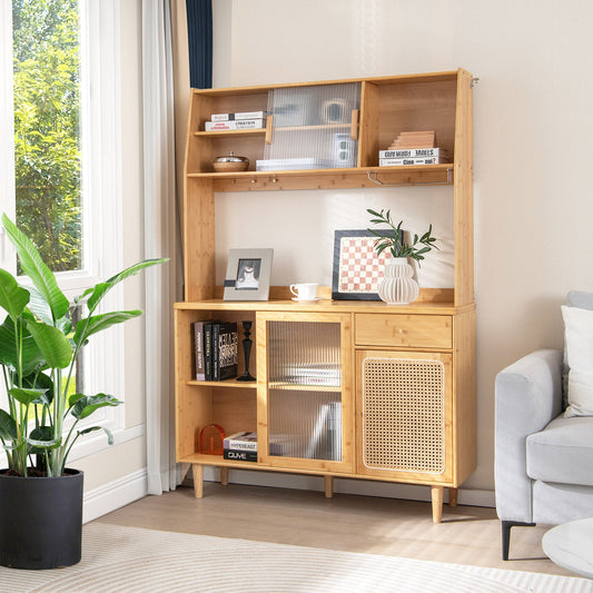 Mueble de cocina bar de vinos de 69 pulgadas con vidrio templado deslizante y puerta de ratán - Natural