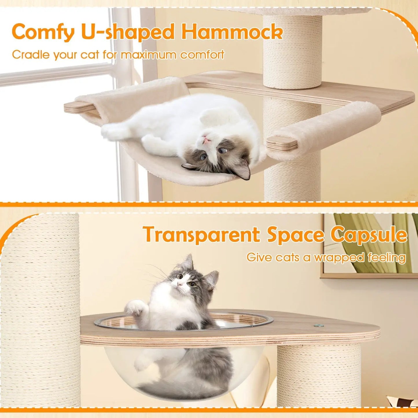 69-inch cat tree with cozy U-shaped hammock and plush cushions, beige sisal posts on Tampa Home & Garden Store