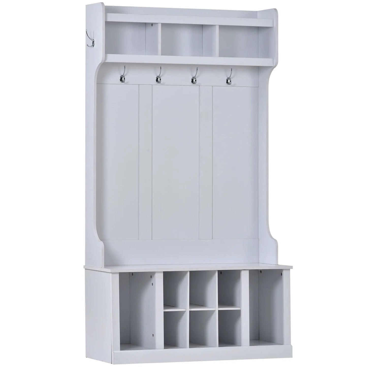 White U-Can hall tree with 6 metal hooks, upper shelf and cubby storage bench on Tampa Home & Garden Store
