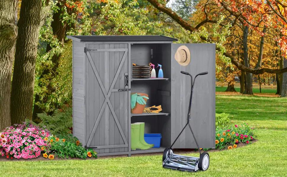 Outdoor wood storage shed gray with tool organizer, open doors reveal shelves garden supplies on Tampa Home & Garden Store