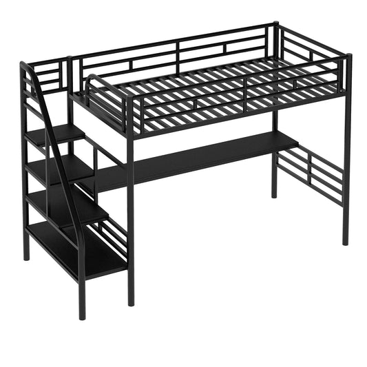 Metal loft bed frame with desk twin black featuring built-in desk beneath and side ladder on Tampa Home & Garden Store