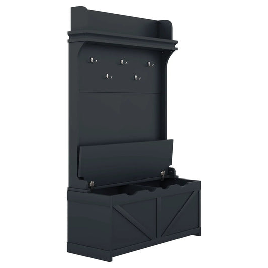 Hall tree with storage desk and six metal hooks in dark blue finish on Tampa Home & Garden Store
