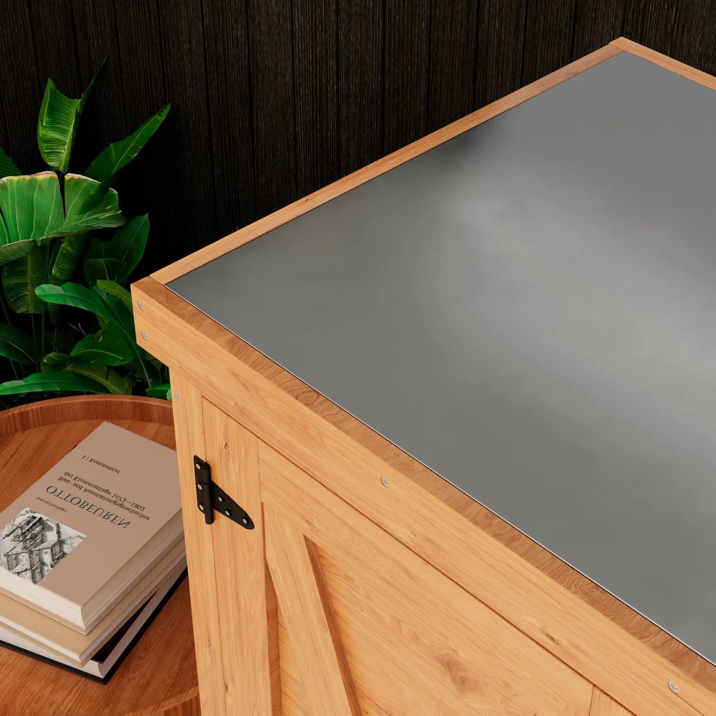Potting bench with storage cabinet and metal top, natural wood frame and gray work surface on Tampa Home & Garden Store